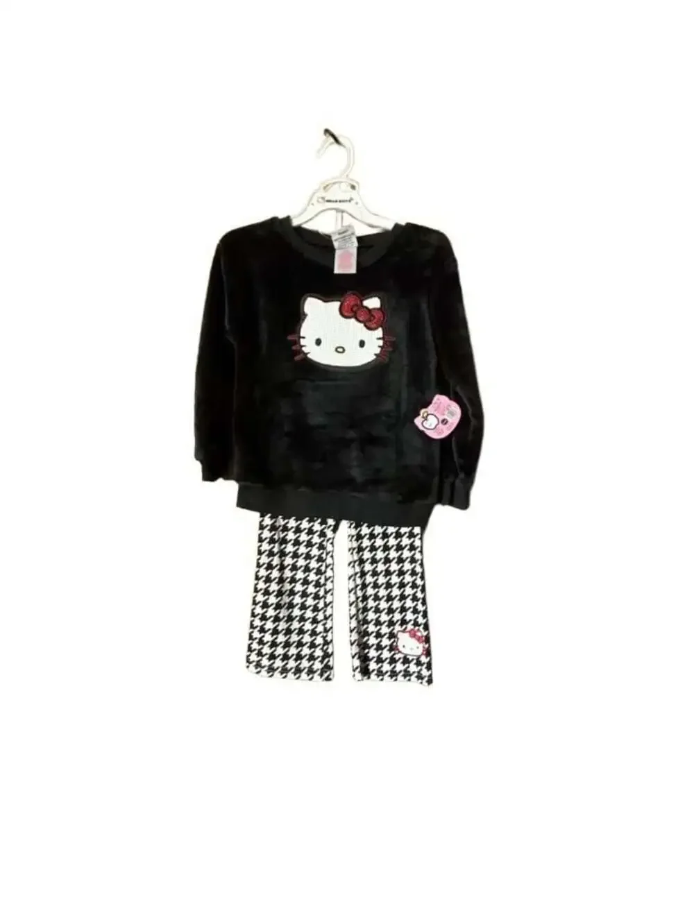 Hello Kitty Girls Black Faux Fur Sweatshirt and Houndstooth Pants Set Size 5/6